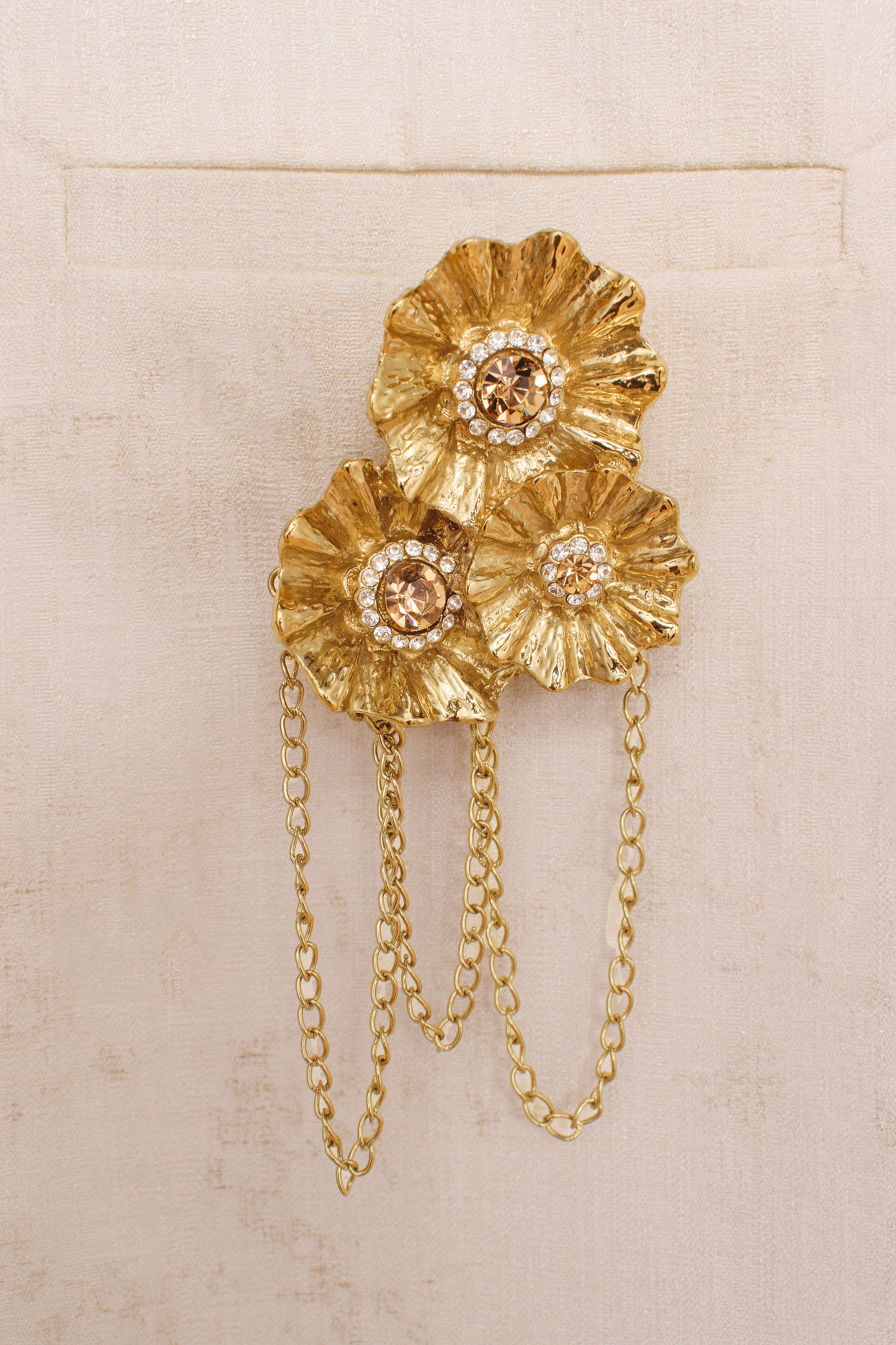 Golden Stone Studded Floral Trio Chain Brooch image number 1